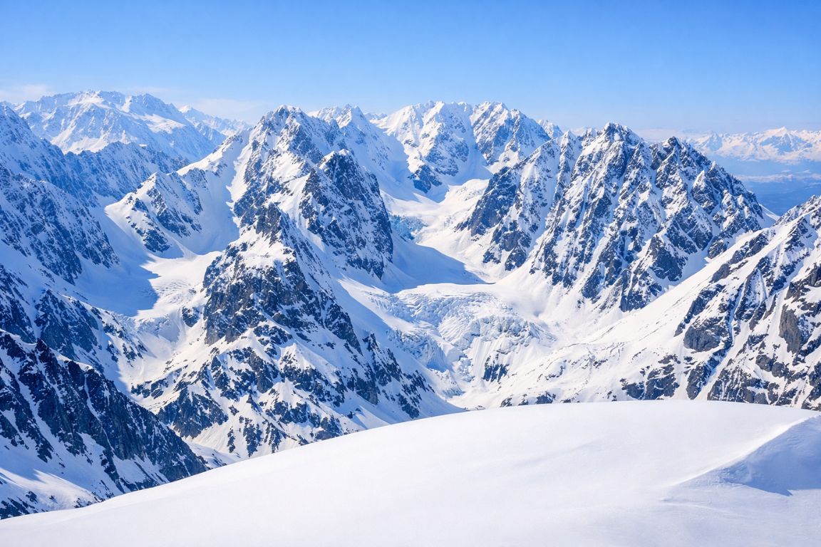 Panoramic view of the Lyngen Alps captured on a Tromso Norway Tours guided Arctic adventure, featuring towering snowy mountains and deep alpine valleys near Tromsø