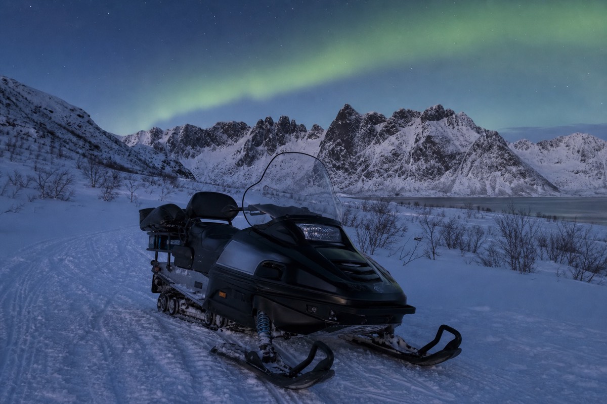 A snowmobile trail at dusk with the aurora starting to appear over the mountains